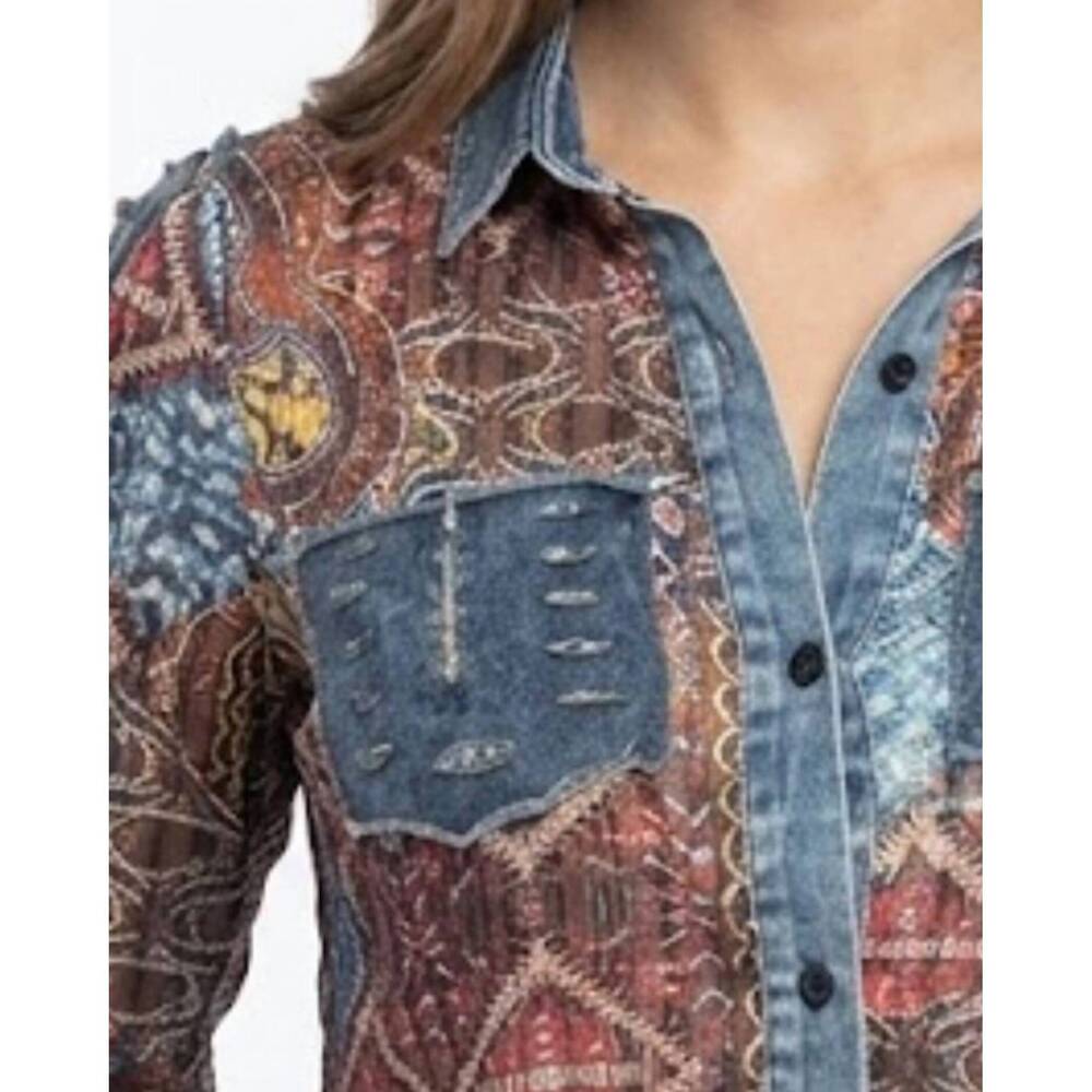 NEW AZI saona button-up top in blue multi - Picture 2 of 2